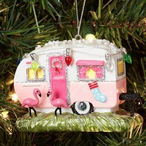 PINK CAMPER Christmas Ornament w/ Flamingos' Florida Beach NWT NEW * LAST ONE!!